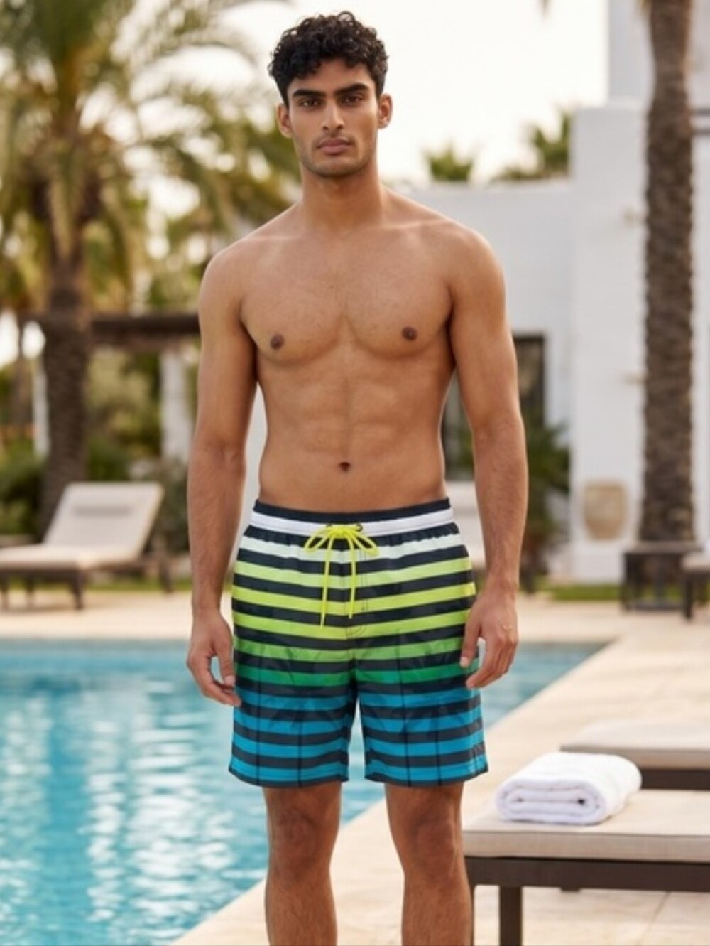 Hot Coals Men's Gradient Green Blue Stripe Swim Trunks Beach Swim Summer